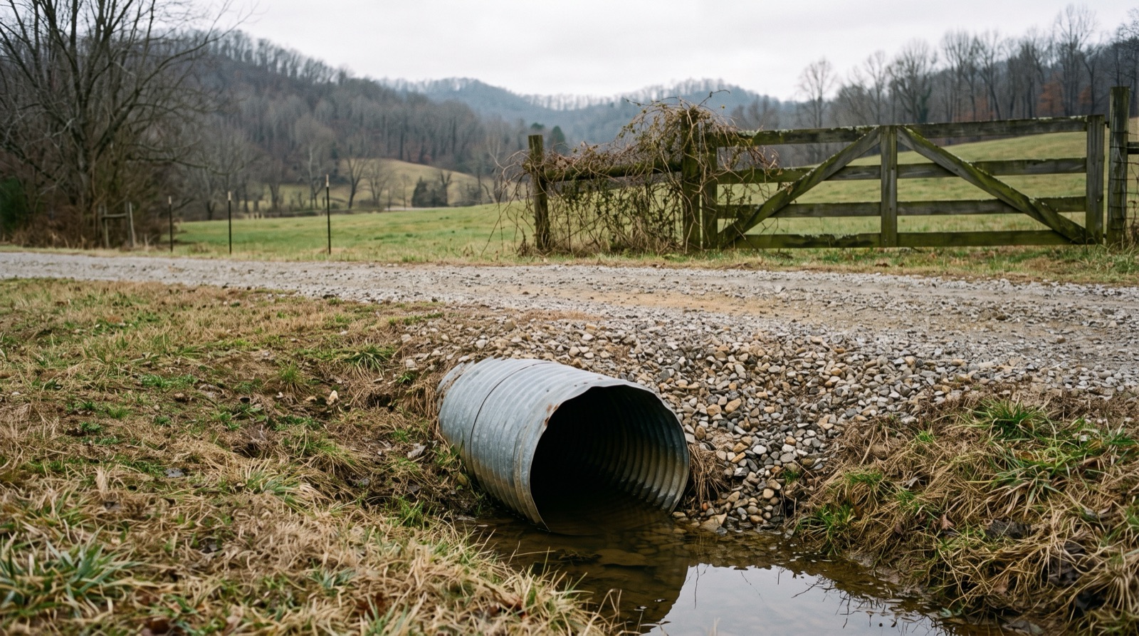 A corrugated metal culvert under a gravel driveway entrance beside a roadside ditch